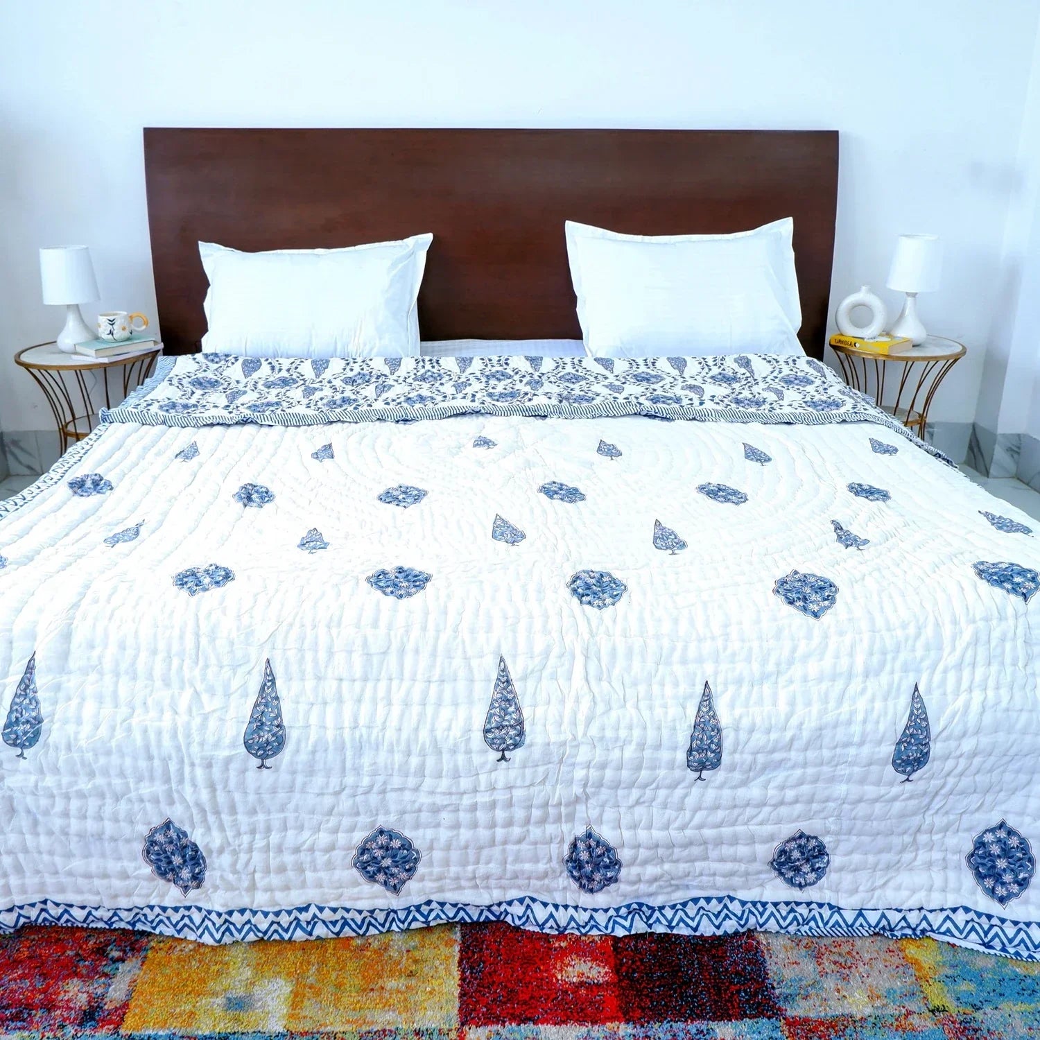 Hand Block Printed Jaipuri Cotton Quilt - Blue Floral Bel (90X108 Inches)